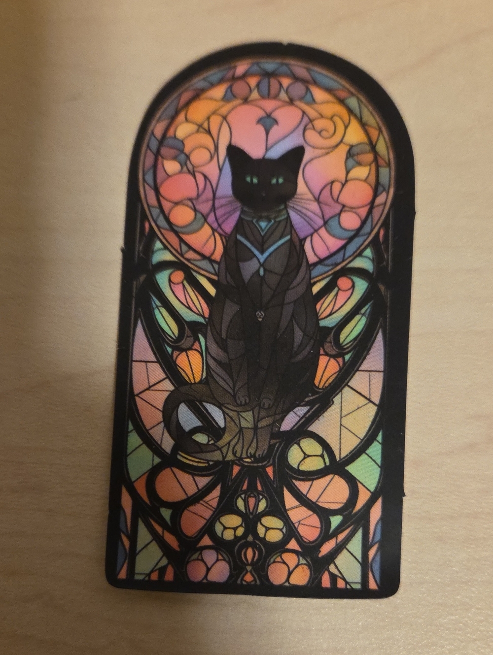Sticker - Black Cat Sitting in Middle of Stained-Glass Window